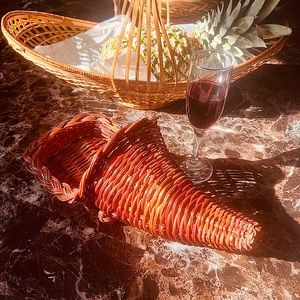 Vintage Cottagecore boho wicker Cornucopia fruit basket